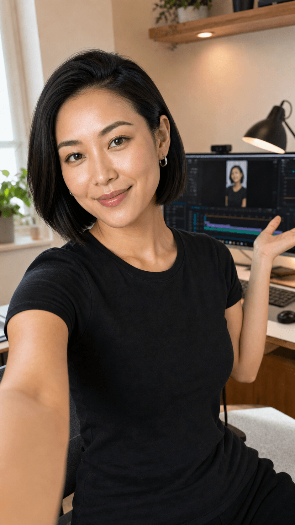 Maya taking an iPhone-style creator selfie